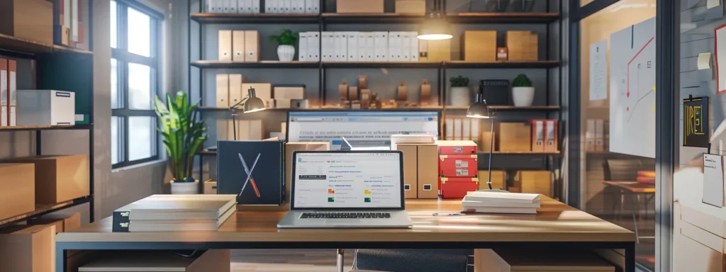 a modern office space features a sleek desk with an open laptop displaying a moving company’s webpage, surrounded by neatly arranged boxes and a whiteboard filled with moving tips and faqs, all illuminated by bright overhead lighting.