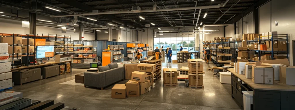 a modern office space filled with various packing materials, cheerful movers at work, and a large digital display showcasing budget-friendly moving options and glowing customer testimonials in the vibrant marlboro area.