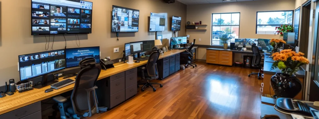 a modern office space filled with sleek furniture, where a professional reviews glowing customer testimonials and feedback on multiple screens, reflecting a commitment to exceptional service in the moving industry.