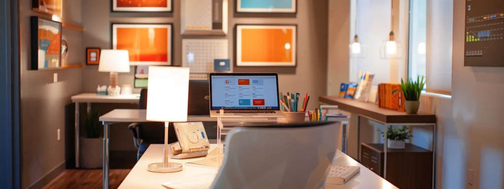 a modern office space showcases a welcoming and organized moving company environment in tinton falls, featuring a sleek desk with a laptop displaying customer reviews, storage diagrams, and carefully arranged moving supplies, all bathed in warm, focused lighting that highlights the professionalism and reliability of the business.