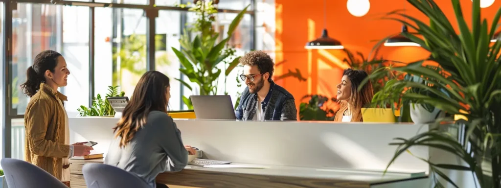 a modern office space with a sleek reception desk, vibrant branding for next door mover on display, and a friendly consultant engaging with a diverse group of clients discussing moving plans and solutions.