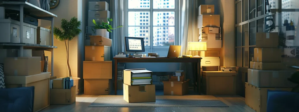 a modern, organized home office setting showcases a detailed moving checklist on a sleek desk, surrounded by neatly packed boxes, a calendar marking the moving date, and a laptop with insurance options displayed, conveying a sense of preparation and efficiency for an upcoming move.