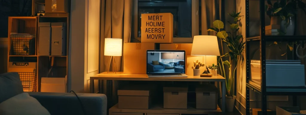 a modern, organized home office filled with packing boxes and a laptop displaying a moving quote, illuminated by warm indoor lighting, emphasizes practical, budget-friendly strategies for planning a move.