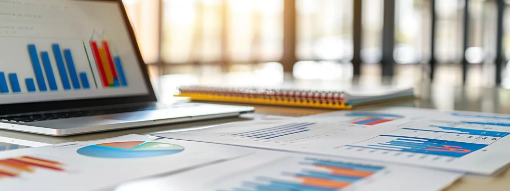 a modern, well-organized office space with a sleek table displaying quotes from local moving companies on a laptop screen, surrounded by vibrant files and a stylish notepad, emphasizing the process of researching competitive rates in marlboro.
