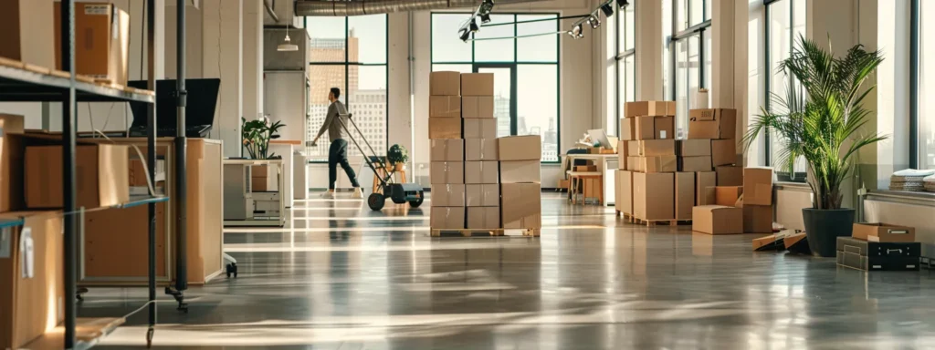 a modern, well-organized office environment showcases a team of professionals efficiently coordinating a complex move, with packed boxes and specialized equipment like a piano dolly visibly in action, highlighting the expertise and reliability of next door movers in providing tailored services for residential and commercial clients.