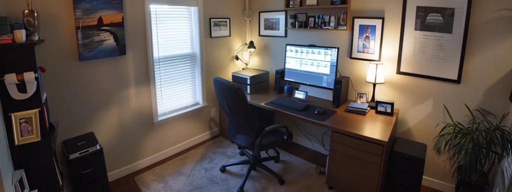 a modern, well-organized home office with a neatly arranged desk, a computer displaying a digital checklist, and a comfortable atmosphere, illustrating the process of settling in after a move.