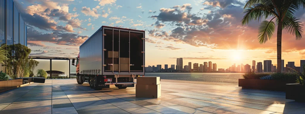 a polished urban setting showcases a professional mover confidently organizing a well-packed moving truck, with the skyline of union beach in the background, symbolizing the reliability and comprehensive services offered to clients during transitions.