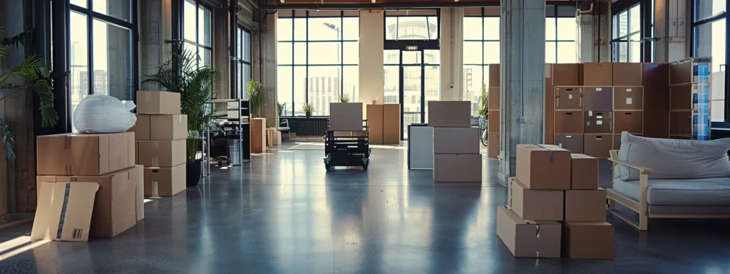 a professional mover expertly organizes neatly packed boxes and disassembled furniture in a sleek, modern urban office space, highlighting the seamless transition of a corporate relocation.