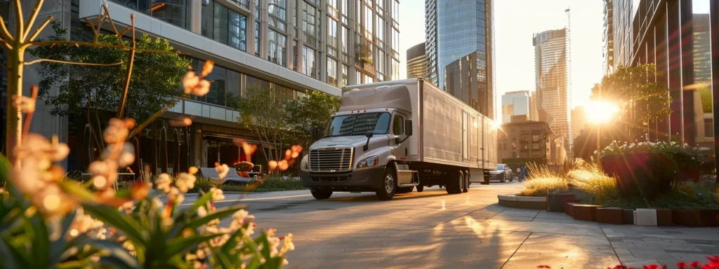 a professional moving company truck, emblazoned with a sleek design, is parked in a modern urban setting next to a bustling high-rise apartment building, with experienced movers efficiently loading quality furniture and boxes, showcasing their fully insured and licensed services.