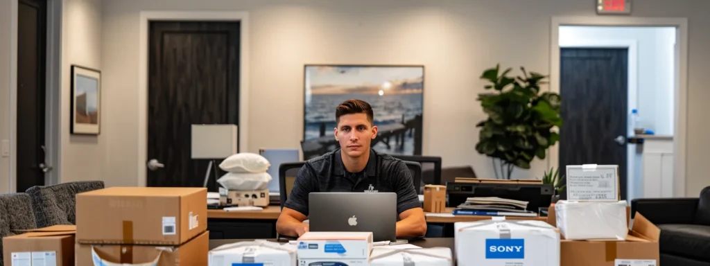 a professional moving consultant sits in a sleek, modern office, engaging with clients over a laptop while surrounded by organized moving supplies, conveying a knowledgeable and reliable atmosphere for those planning a move in union beach, nj.