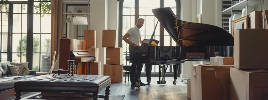a professional moving team carefully transports a grand piano through a tastefully decorated urban apartment, showcasing the precision and care involved in specialized moving assistance.