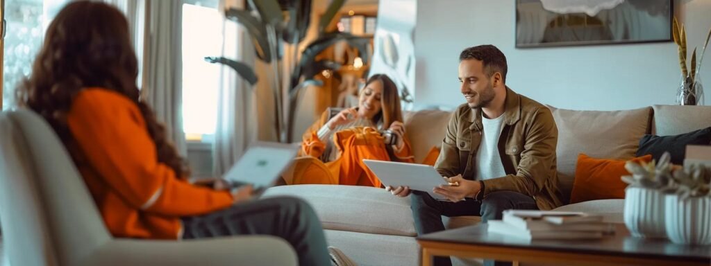a professional moving team confidently conducts an in-home consultation in a well-organized living space, showcasing their credentials and trustworthiness while highlighting their reputation for reliable service in roosevelt, nj.