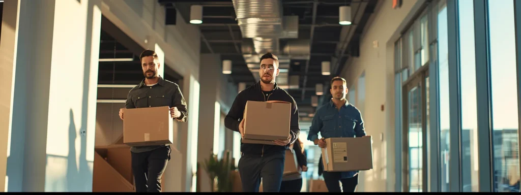 a professional moving team, dressed in smart uniforms, efficiently navigates a modern, bustling office space in marlboro, meticulously organizing boxes that reflect a customized and expert approach to relocation.