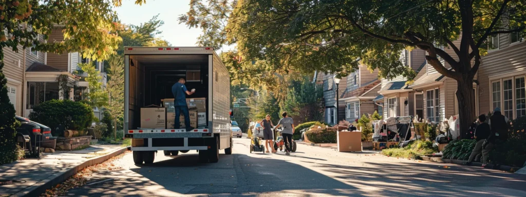 a professional moving team efficiently loads a truck in a well-organized suburban neighborhood of sea girt, nj, with a focus on the clear communication and careful handling of belongings, emphasizing the smooth transition of a moving day.
