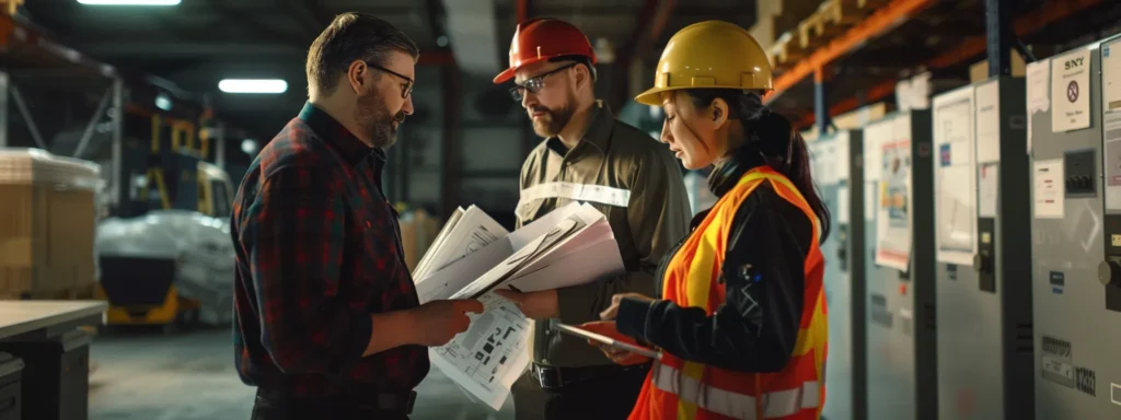 a professional office environment showcases a diverse group of movers in uniform discussing logistics over a detailed roadmap and digital tablets, emphasizing efficiency and reliability in the moving process.
