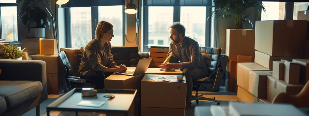 a professional office setting showcases a focused discussion between two individuals surrounded by neatly packed moving boxes, emphasizing the importance of selecting a reliable moving company in upper freehold, nj, under warm, inviting lighting that conveys trust and assurance.