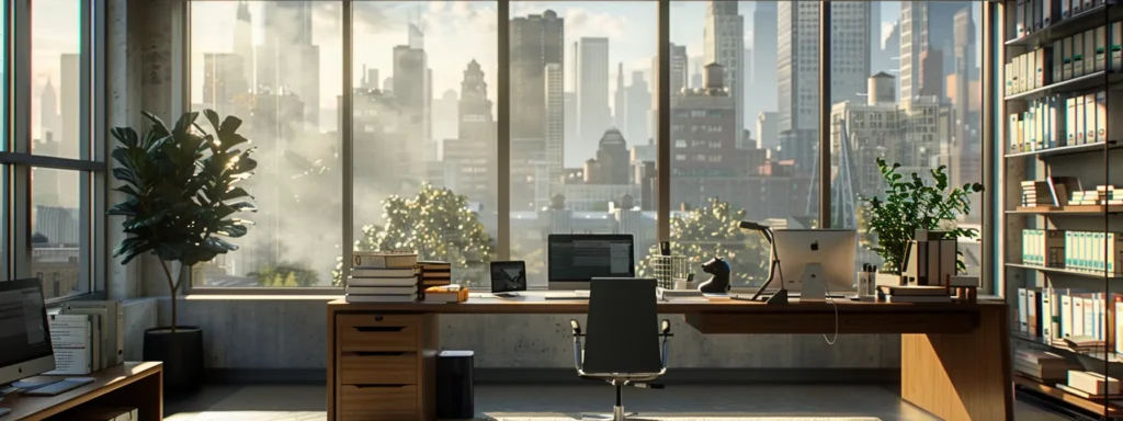a professional office setting showcases a focused individual comparing moving company profiles on a laptop, surrounded by organized paperwork detailing service estimates and customer feedback, with a modern city skyline visible through the large windows.