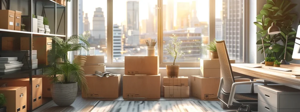 a sleek, modern home office filled with organized packing boxes, a neatly arranged relocation checklist on a stylish desk, and a city skyline visible through large windows, symbolizing a seamless transition for families preparing to move within or from the 07751 area.