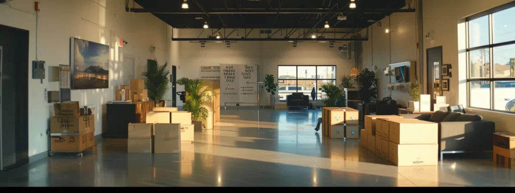 a sleek, modern moving office in union beach, nj, featuring a professional team in crisp uniforms diligently packing and organizing boxes, illuminated by bright artificial lighting and showcasing a prominent display of strong customer testimonials on the walls.