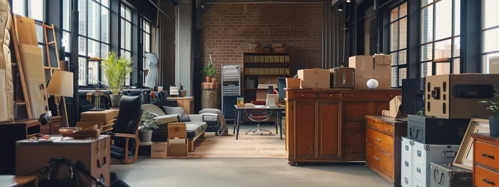 a sleek, modern office environment showcases professional movers carefully packing valuable antiques with precision and care, emphasizing the meticulous nature of their white glove moving services.