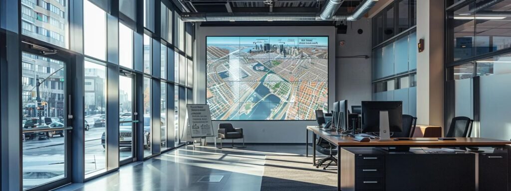 a sleek, modern office environment showcasing a detailed service area map of new jersey on a large screen, with a seamless flow of strategizing movers reviewing logistics and planning efficient routes to various towns like princeton and edison.
