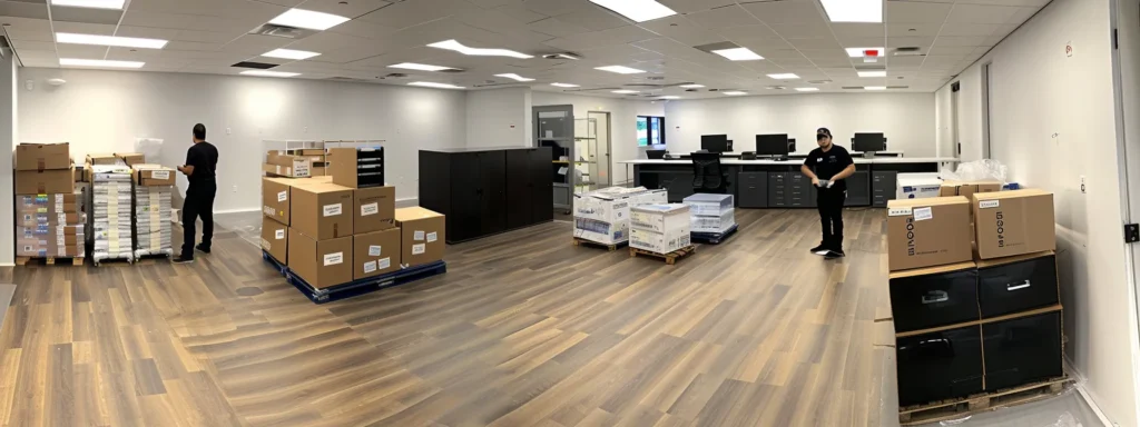 a sleek, modern office interior showcases a professional moving team expertly organizing furniture and workstations, highlighting the efficiency and reliability of next door mover's relocation services in new jersey.
