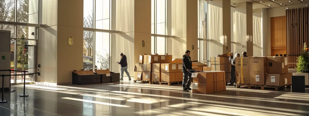 a sleek, modern office lobby in new jersey showcases a group of professional movers carefully handling high-end furniture, embodying the reassurance and efficiency of premium relocation services amidst a bustling urban environment.