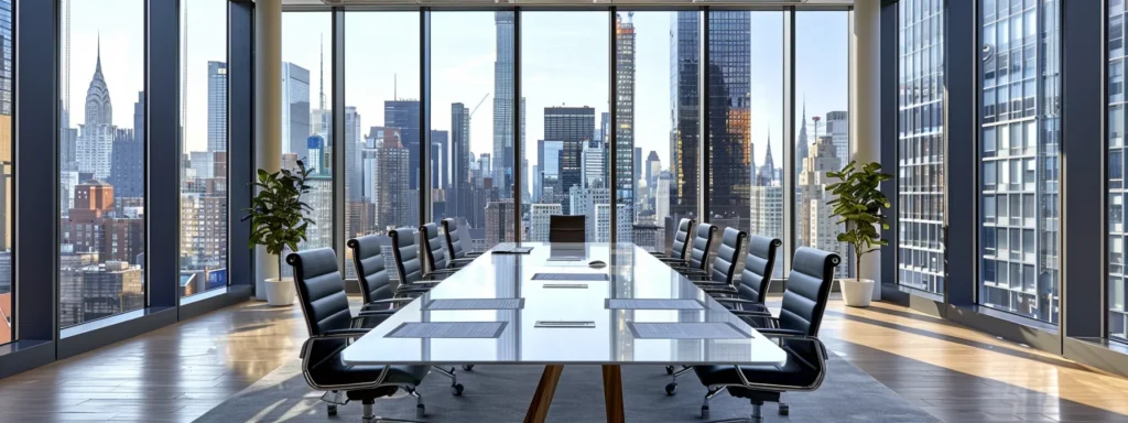 a sleek, modern office space showcases a professional consultation between a moving coordinator and a client, with moving plans spread on a stylish table and vibrant city skyline views through large windows, symbolizing the meticulous and expert approach of the white glove moving process.