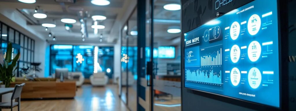 a sleek, modern office space showcases a digital display board comparing moving service packages, with vibrant infographics highlighting pricing tiers and key features of oceanport, nj moving companies, illuminated by bright overhead lighting for a professional ambiance.
