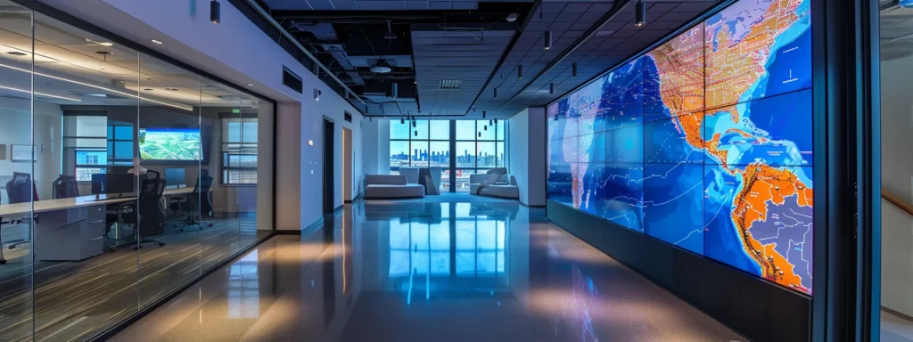 a sleek, modern office space features a confident consultant engaging with clients over moving logistics, with detailed charts and maps of new jersey prominently displayed on a large screen, emphasizing clarity and professionalism in addressing relocation concerns.