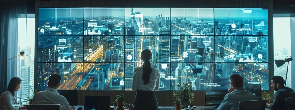 a sleek, modern office space showcases a focused team of professionals reviewing a large digital display filled with detailed cost breakdowns for local moving services, highlighting the complexity of pricing structures against a backdrop of urban skyscrapers.