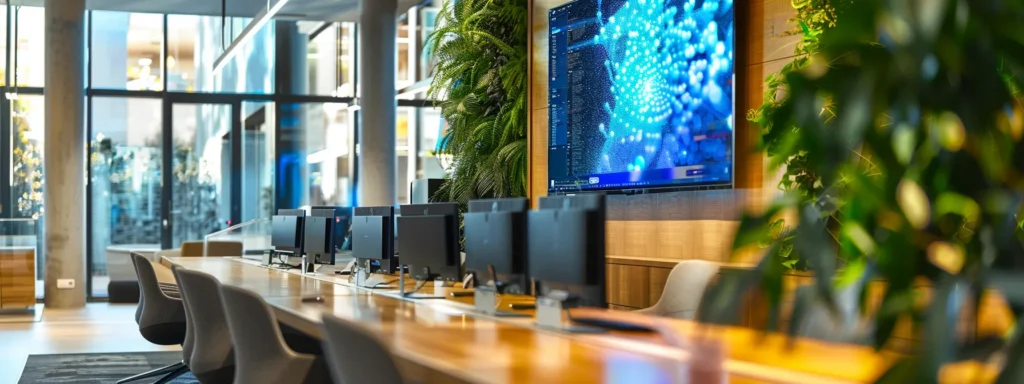 a sleek, modern office space filled with futuristic technology and vibrant digital displays, conveying a sense of innovation and productivity.