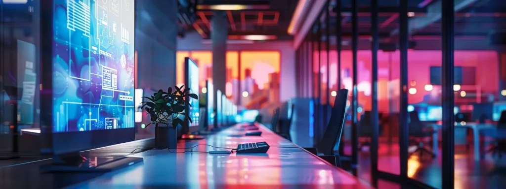 a sleek, modern office workspace showcases a high-tech digital display with vibrant service-specific keywords illuminated, reflecting an innovative and dynamic service environment.