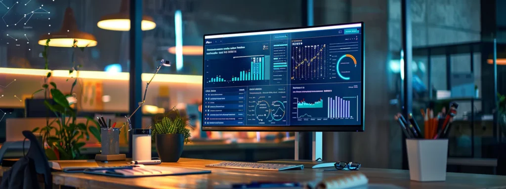 a sleek, modern office workspace features a large screen displaying a detailed digital dashboard of keyword analytics, surrounded by strategically organized notes and keyword lists, encapsulating the essence of targeted keyword research for service industries.