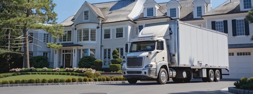 a sleek moving truck equipped with gps and advanced technology is parked in front of a suburban oceanport home, while a professional mover conducts a detailed pre-move survey, illustrating the meticulous planning and expertise that ensures safe and efficient relocations.