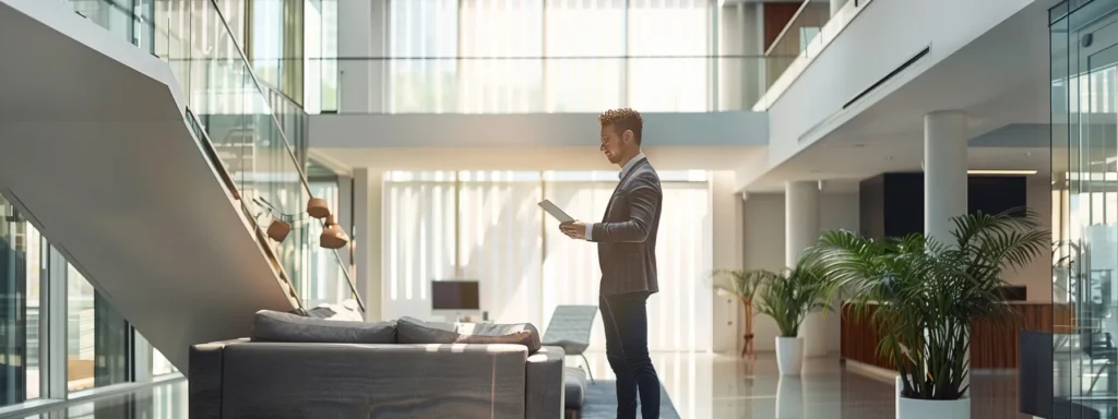 a sleek office interior showcases a professional consultant examining a digital tablet displaying reviews and quotes from moving companies, emphasizing a streamlined process for selecting the right moving professionals in spring lake, nj.