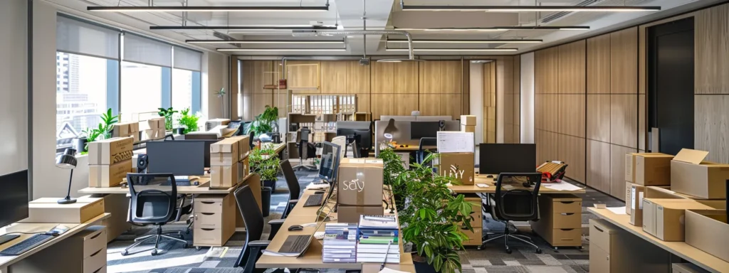 a sophisticated and organized office space showcases a team of professionals meticulously packing and securing fragile valuables with premium white glove moving supplies, highlighting the seamless, stress-free experience of high-end relocation services in new jersey and new york.