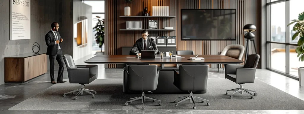 a sophisticated office environment showcases a professional consultation between a client and a luxury moving company representative, highlighted by sleek furnishings, a polished conference table, and impressive credentials displayed prominently in the background.