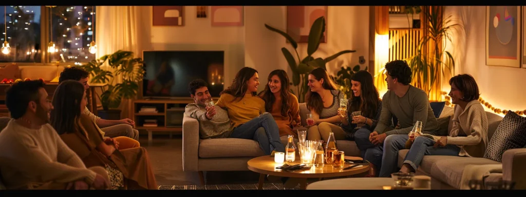 a vibrant housewarming gathering unfolds in a stylishly decorated living room, where friends share laughter and stories, celebrating new beginnings with a welcoming atmosphere and personalized decor reflecting a sense of community.