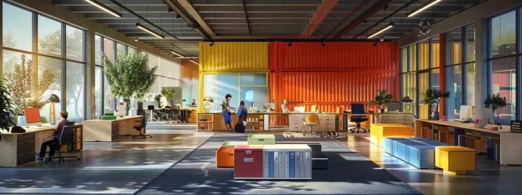 a vibrant office space showcases a diverse group of clients engaging in a discussion, their expressions reflecting satisfaction and trust as they share glowing testimonials about a reliable moving company, with dynamic visuals of moving boxes and storage solutions in the background.