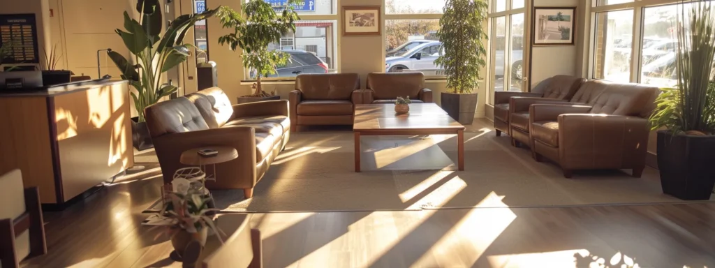 a warm and inviting interior of a modern office space bustling with satisfied customers sharing their positive testimonials about a reliable moving company, complemented by stylish furniture and a backdrop of impressive moving equipment.