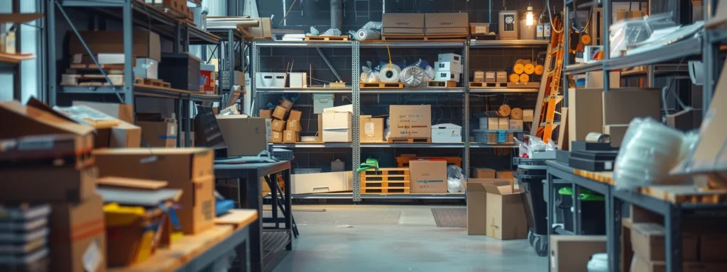 a well-organized, bustling packing station in an urban office, showcasing an array of essential moving supplies like sturdy boxes, bubble wrap, and tape, all arranged meticulously on shelves, highlighting efficiency and cost-effectiveness in the moving process.