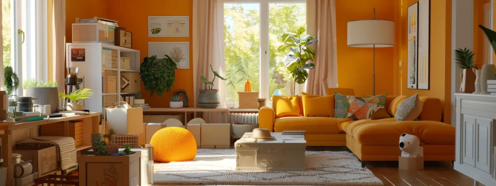 a well-arranged, modern living room filled with neatly placed furniture, vibrant decor, and organized boxes, showcasing a welcoming atmosphere prepared for a smooth moving day transition.