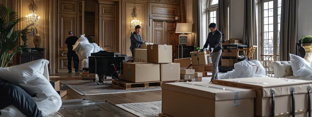 an elegantly staged interior setting showcases a dedicated white glove moving team expertly unpacking luxury furnishings with precision, surrounded by specialized equipment, emphasizing their meticulous attention to detail in the transition process.