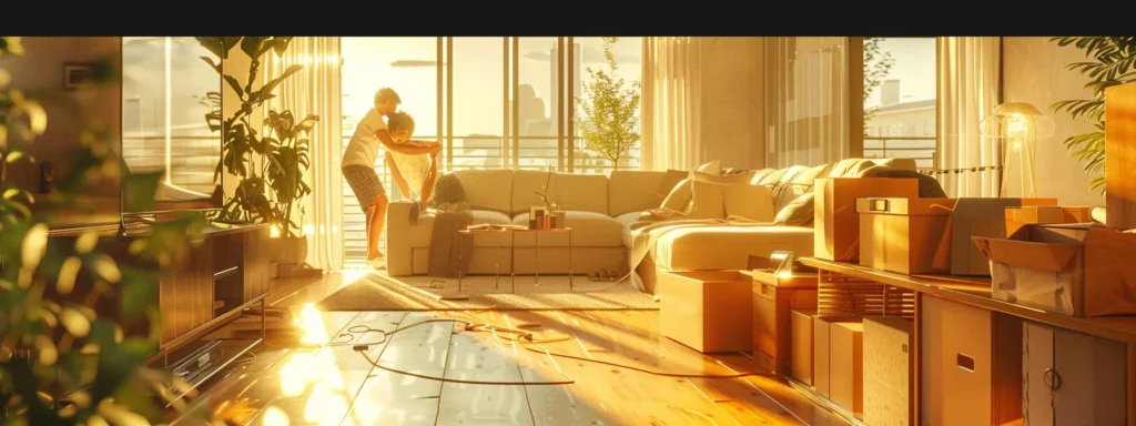 a bright, modern living room in the midst of unpacking chaos, with boxes strung across the clean floor, brand new furniture being assembled, and a couple excitedly organizing their belongings, all captured in warm, inviting lighting to convey a sense of new beginnings and transition.