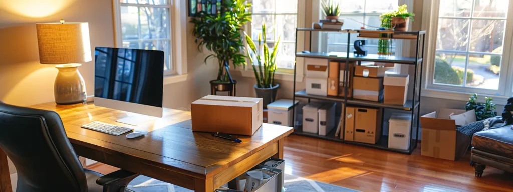 a bustling home office in marlboro, nj, showcases a meticulously organized moving checklist on a sleek desk, surrounded by packed boxes and packing supplies, embodying the efficient planning required for a seamless residential move.