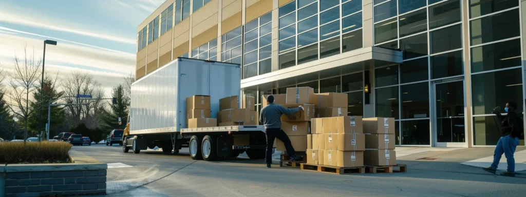 a bustling modern office setting displays a team of professional movers efficiently organizing packed boxes and loading them into a sleek moving truck, showcasing their expertise in residential relocation and specialized service offerings for marlboro, nj.