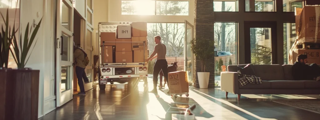 a bustling moving day scene in a modern marlboro home, featuring a professional moving crew efficiently loading a sleek moving truck, with an organized inventory list clearly visible on a clipboard and protective coverings on the floors, under bright indoor lighting that highlights the meticulous coordination of the process.