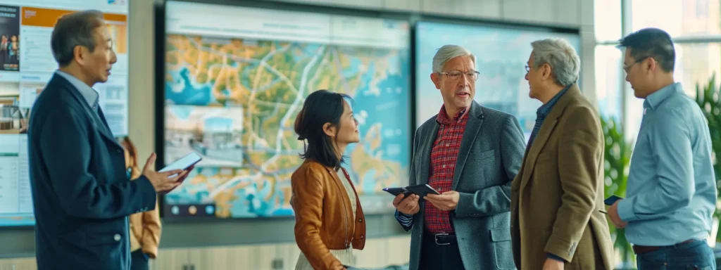 a bustling office environment showcases a diverse team of professionals engaging in a dynamic discussion over moving logistics, with a large map of marlboro township prominently displayed in the background, emphasizing their expertise in local relocations.