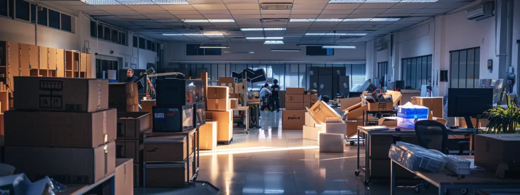 a bustling office environment showcases a professional moving team efficiently organizing and packing items into boxes, illuminated by overhead lighting that highlights their teamwork and skilled preparation for a seamless relocation.